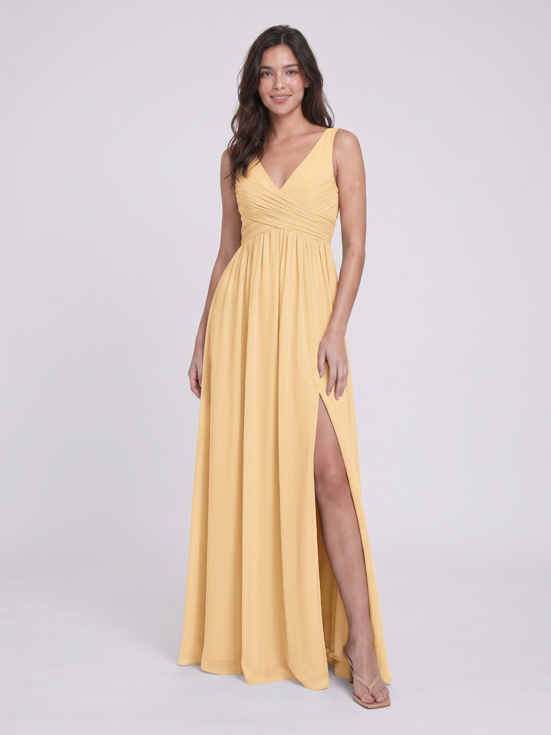 Butter Chiffon A-Line V-Neck V-Back Floor-Length Bridesmaid Dress with Pleating