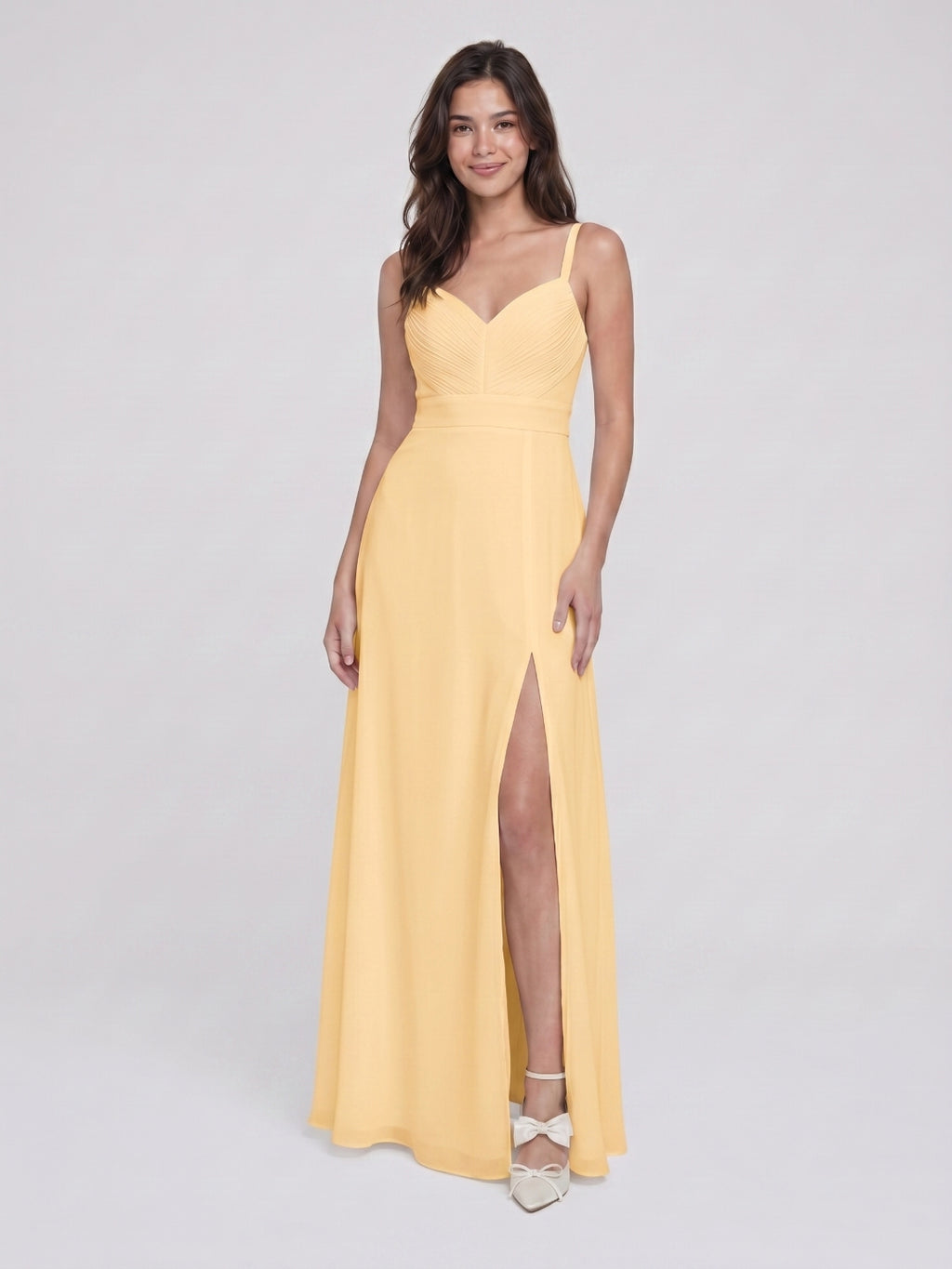 Butter Chiffon A-Line V-Neck V-Back Floor-Length Bridesmaid Dress with Pleating