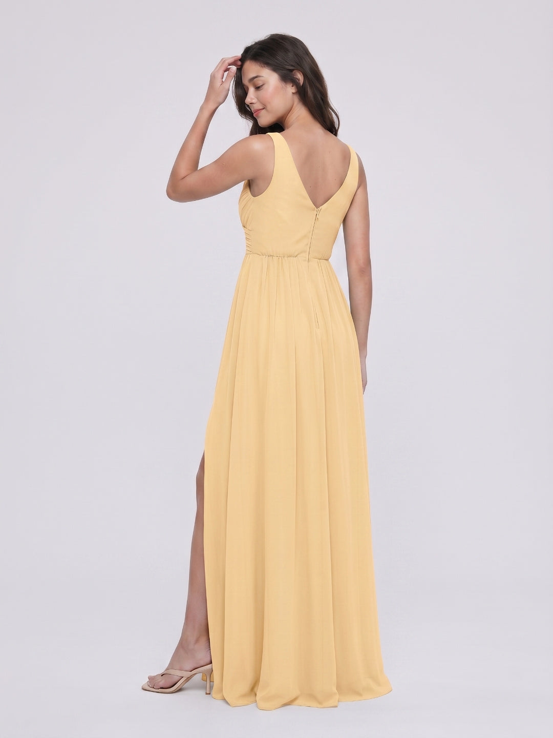 Butter Chiffon A-Line V-Neck V-Back Floor-Length Bridesmaid Dress with Pleating