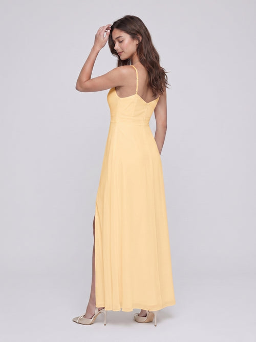 Butter Chiffon A-Line V-Neck V-Back Floor-Length Bridesmaid Dress with Pleating