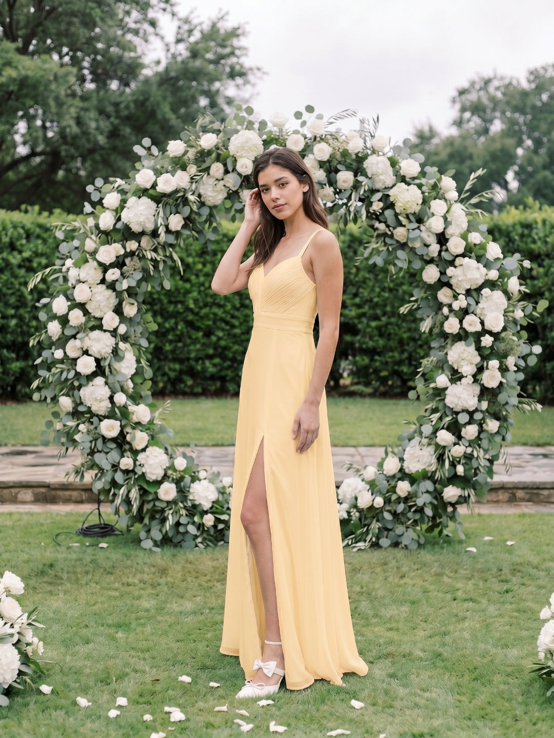 Butter Chiffon A-Line V-Neck V-Back Floor-Length Bridesmaid Dress with Pleating