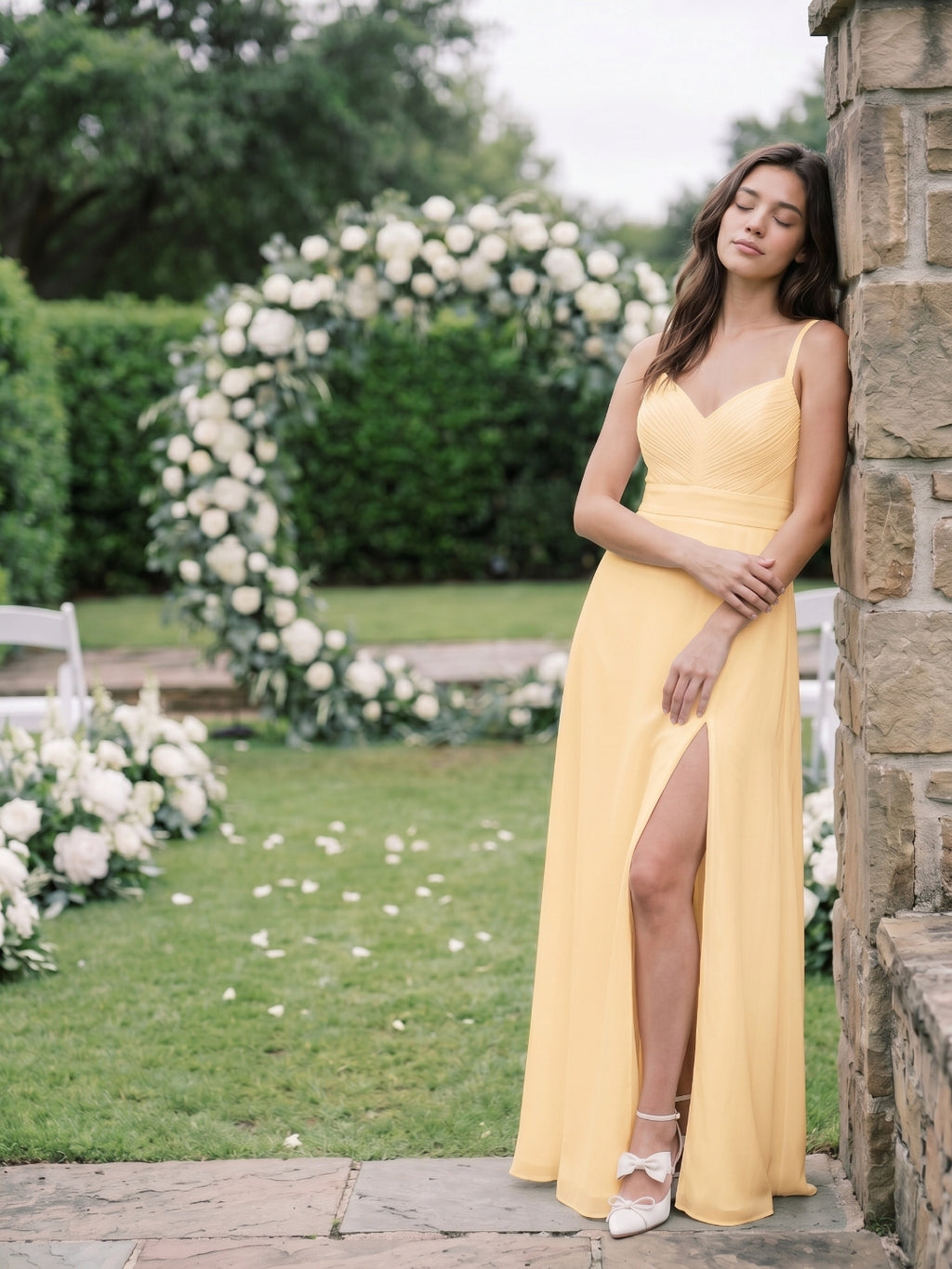 Butter Chiffon A-Line V-Neck V-Back Floor-Length Bridesmaid Dress with Pleating