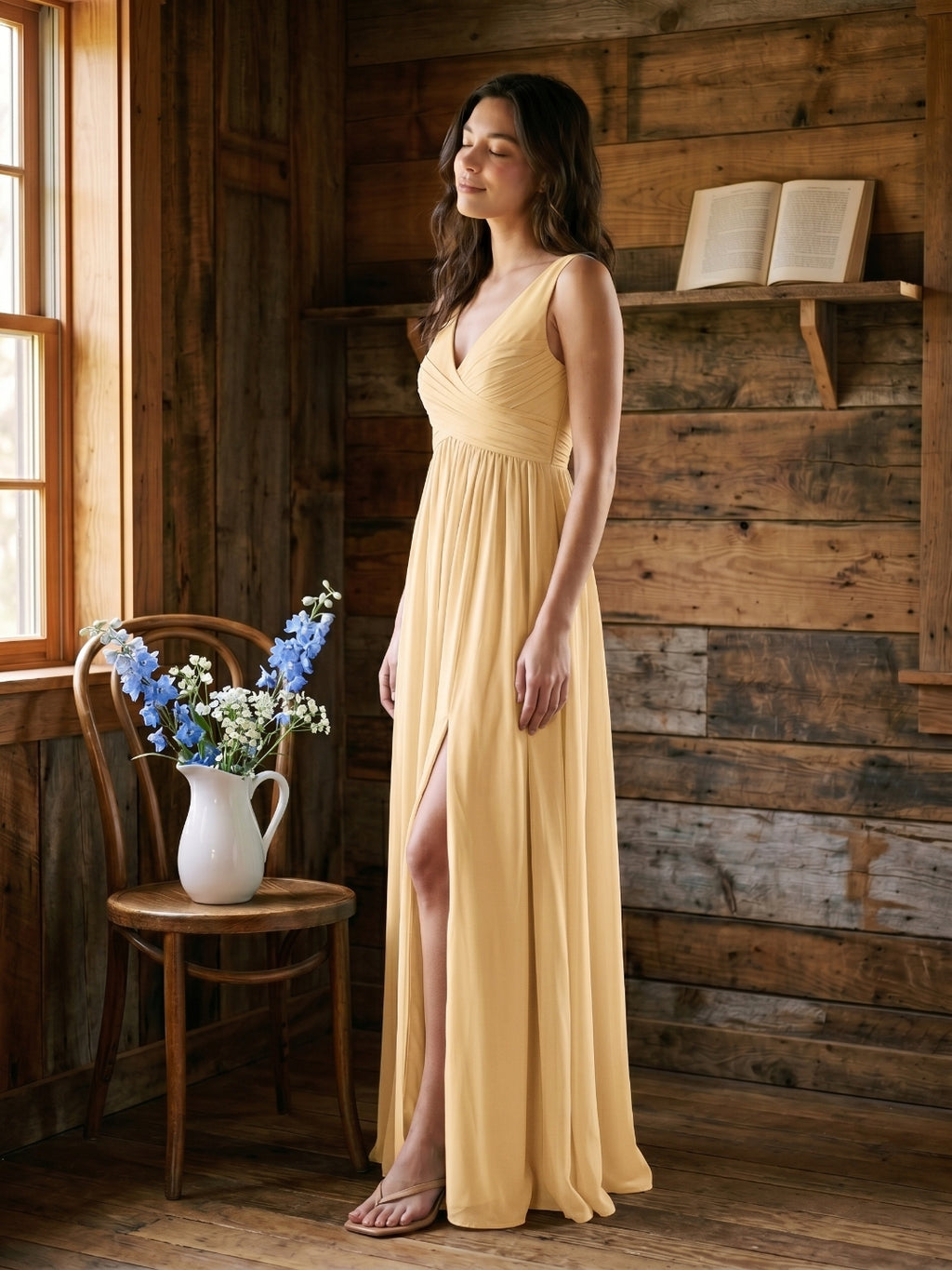 Butter Chiffon A-Line V-Neck V-Back Floor-Length Bridesmaid Dress with Pleating