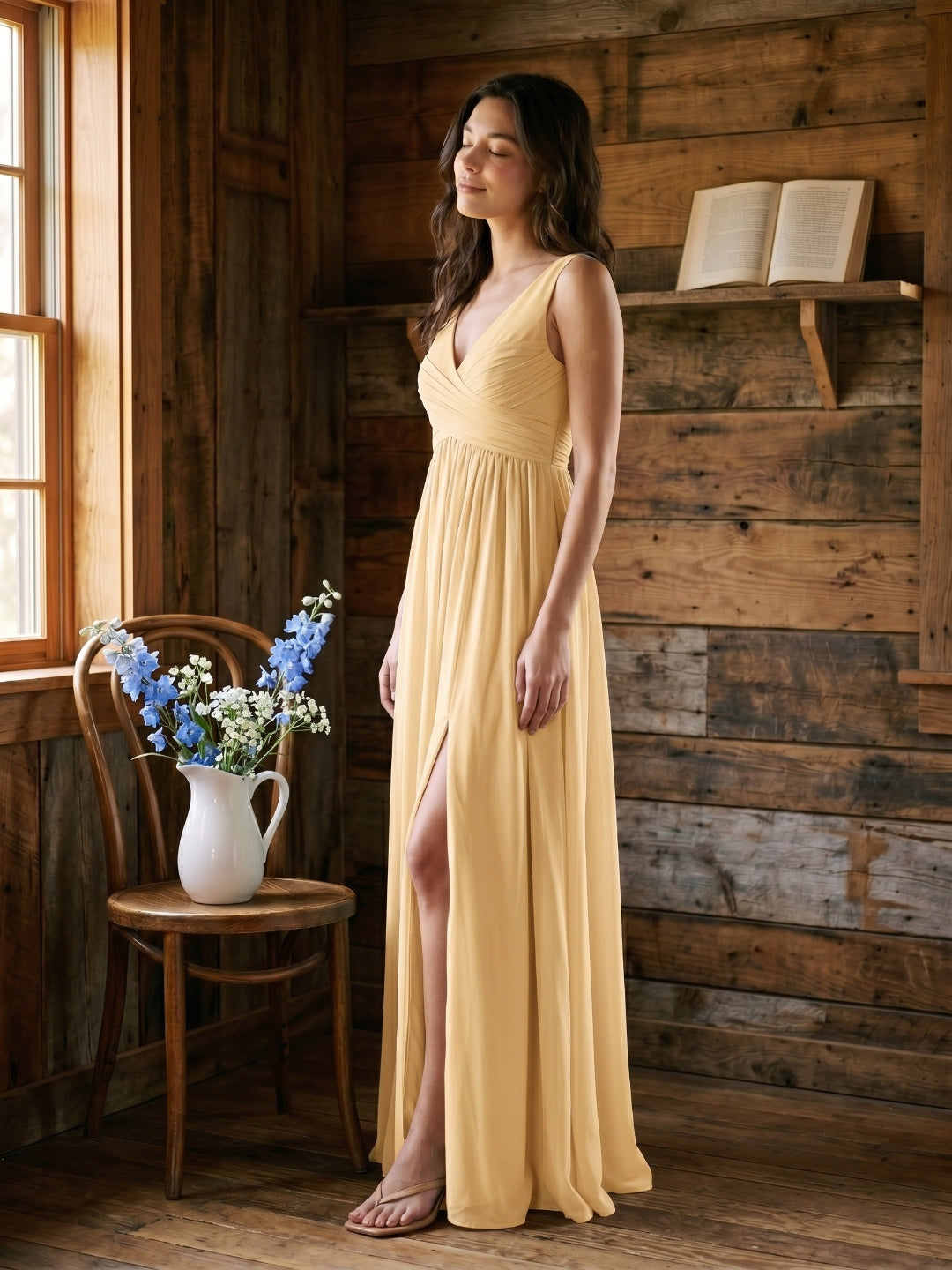 Butter Chiffon A-Line V-Neck V-Back Floor-Length Bridesmaid Dress with Pleating