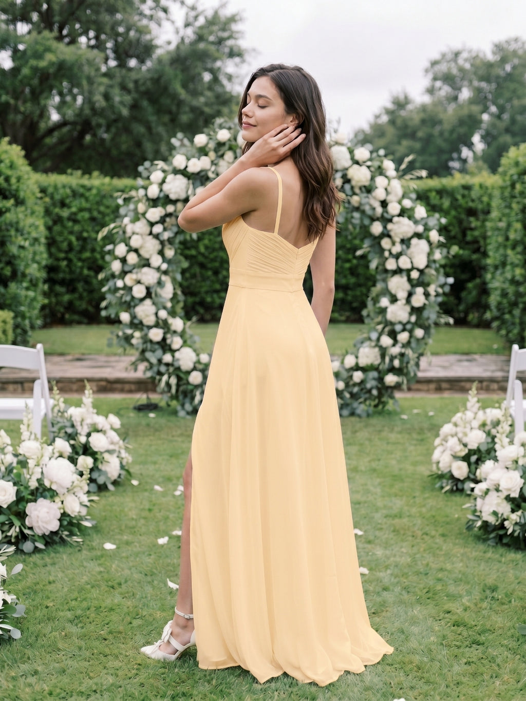 Butter Chiffon A-Line V-Neck V-Back Floor-Length Bridesmaid Dress with Pleating