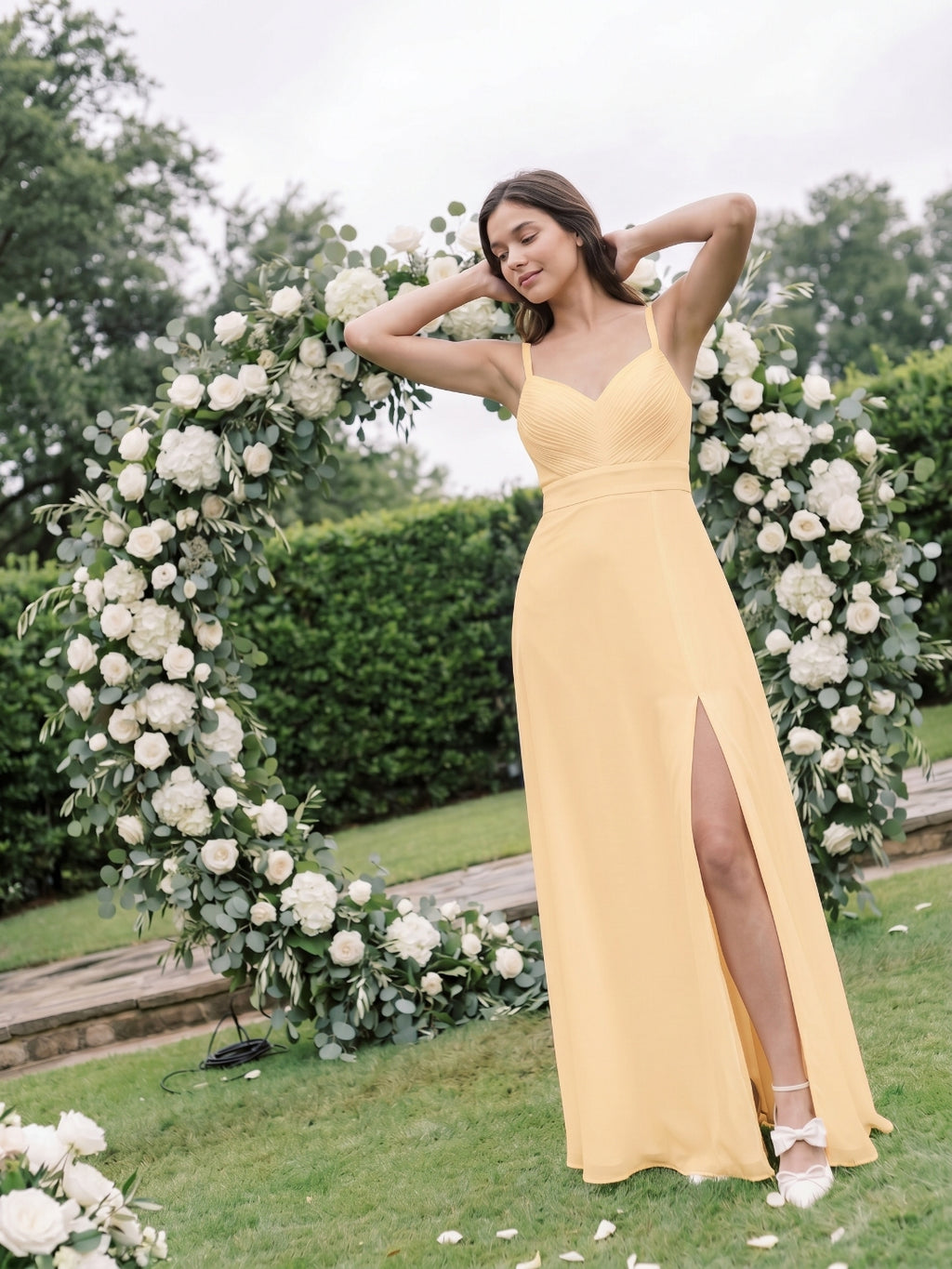 Butter Chiffon A-Line V-Neck V-Back Floor-Length Bridesmaid Dress with Pleating