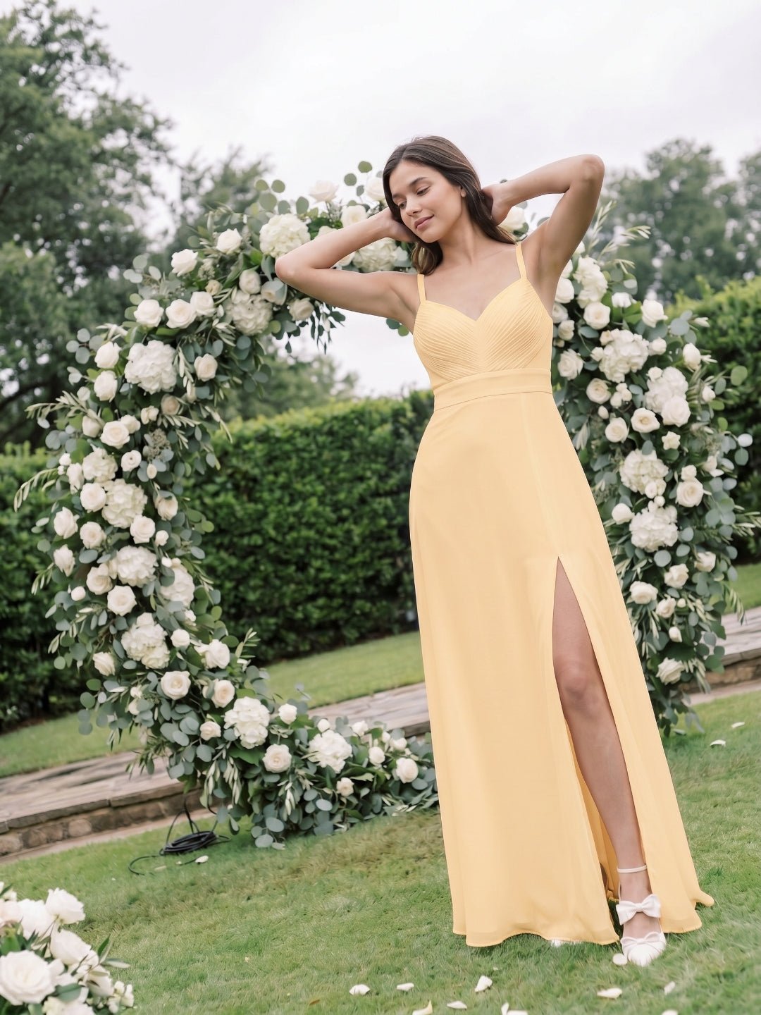 Butter Chiffon A-Line V-Neck V-Back Floor-Length Bridesmaid Dress with Pleating
