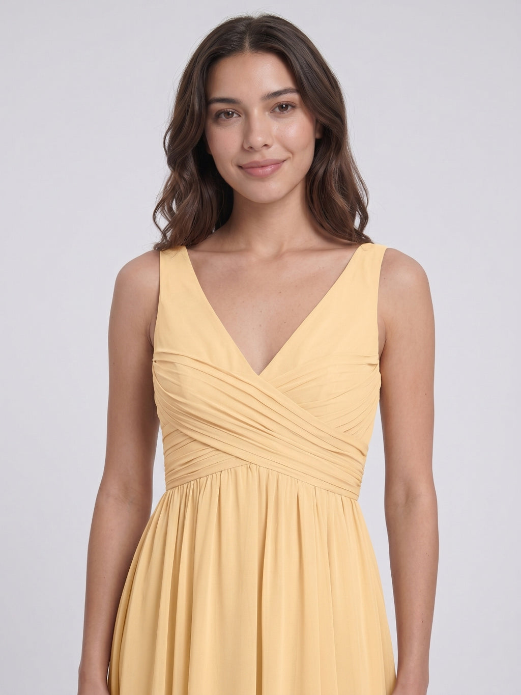 Butter Chiffon A-Line V-Neck V-Back Floor-Length Bridesmaid Dress with Pleating