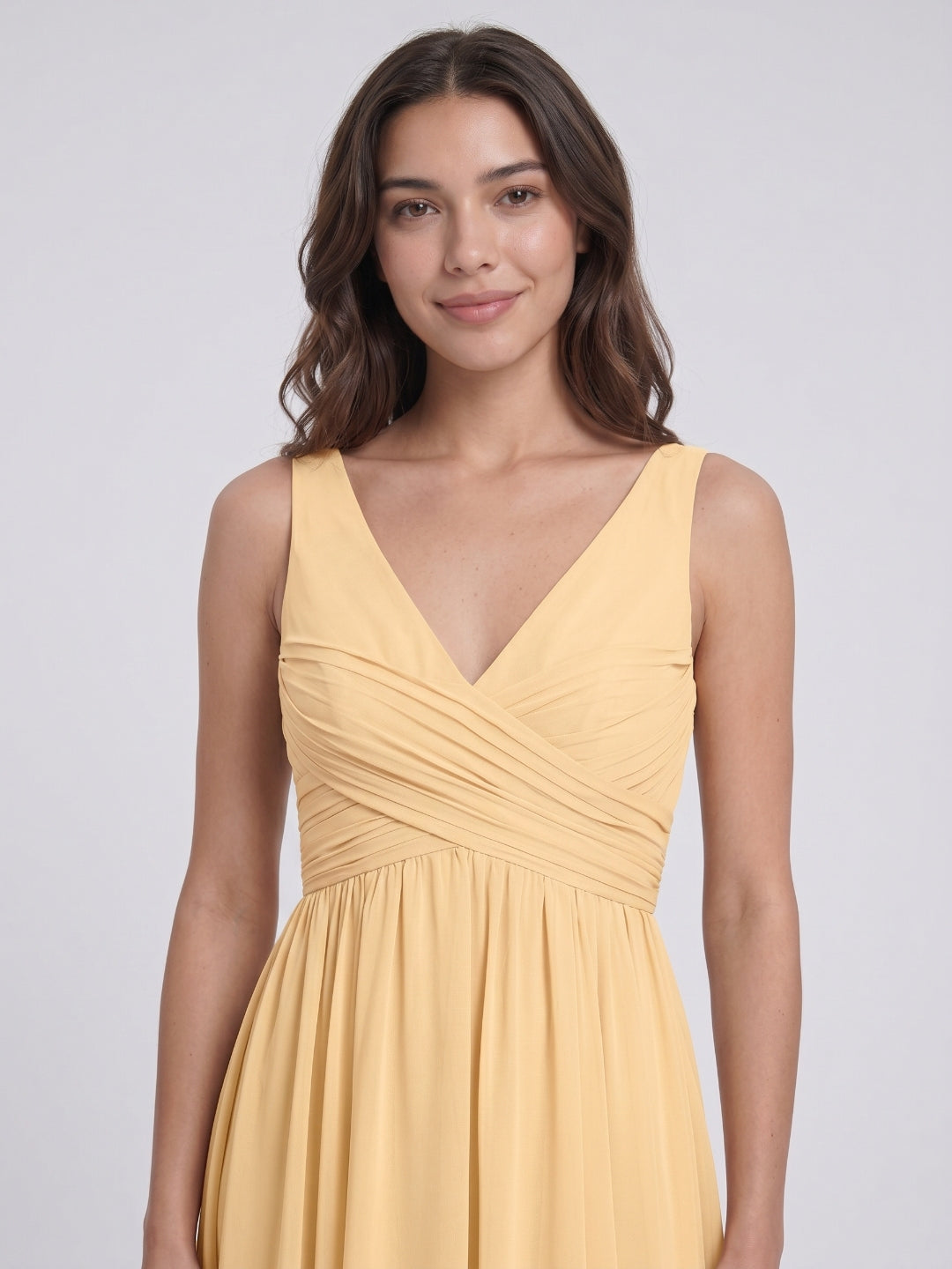 Butter Chiffon A-Line V-Neck V-Back Floor-Length Bridesmaid Dress with Pleating