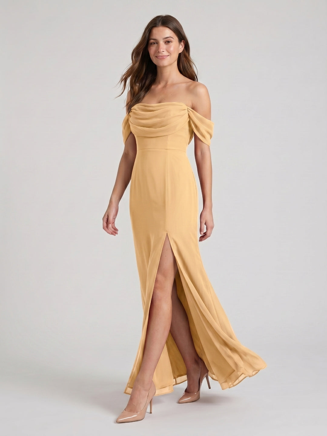 Butter Chiffon Sheath Off-the-Shoulder Backless Floor-Length Bridesmaid Dress with Pleating
