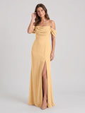 Butter Chiffon Sheath Off-the-Shoulder Backless Floor-Length Bridesmaid Dress with Pleating