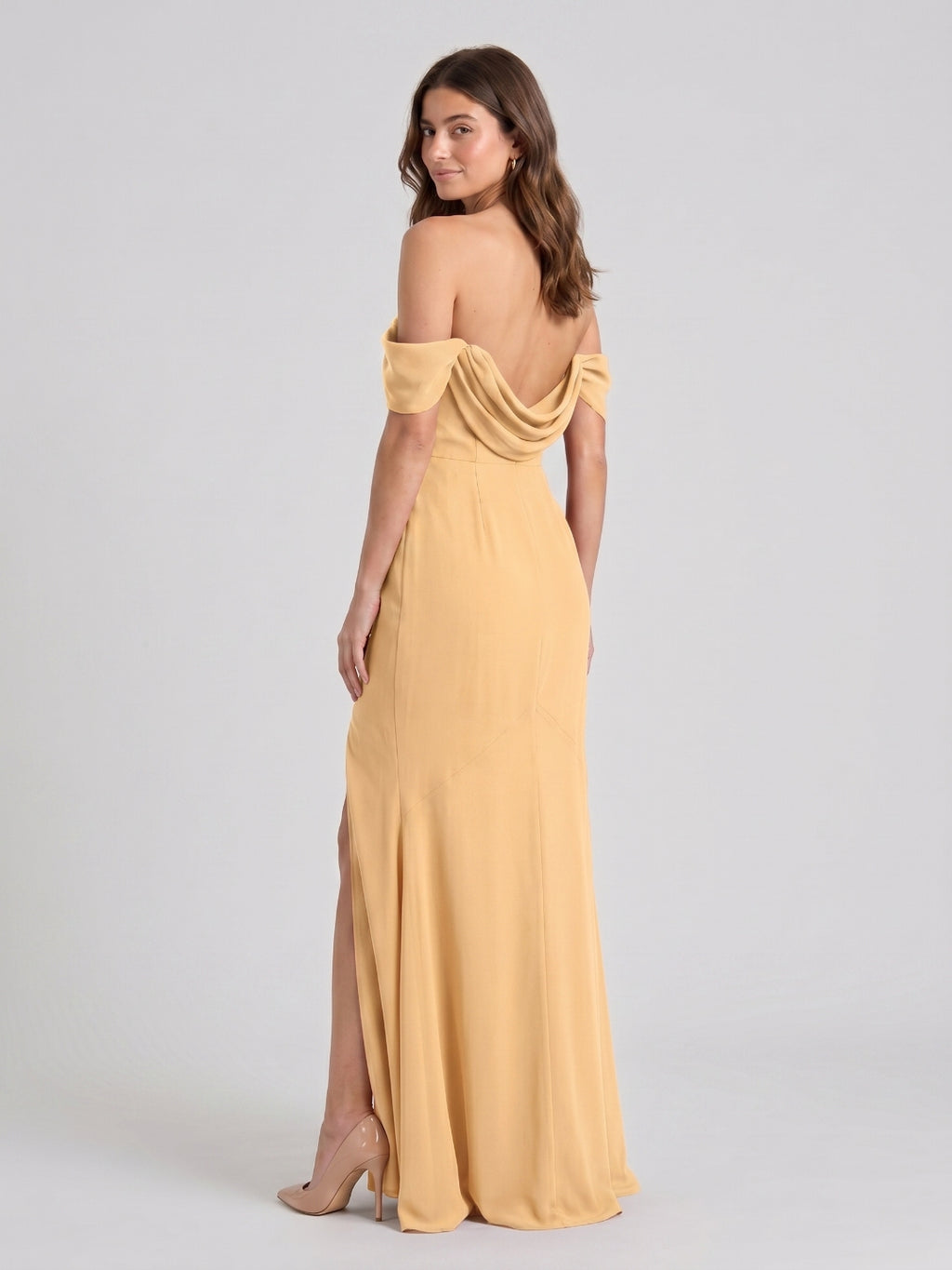 Butter Chiffon Sheath Off-the-Shoulder Backless Floor-Length Bridesmaid Dress with Pleating