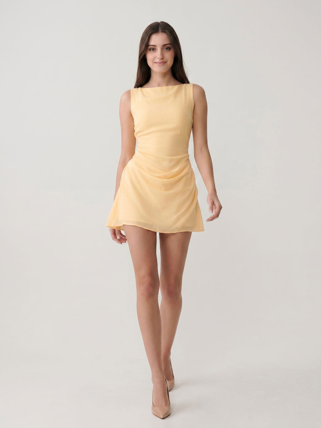Butter Chiffon Sheath Scoop Neck Side Zip Short Birthday Dress with Pleating