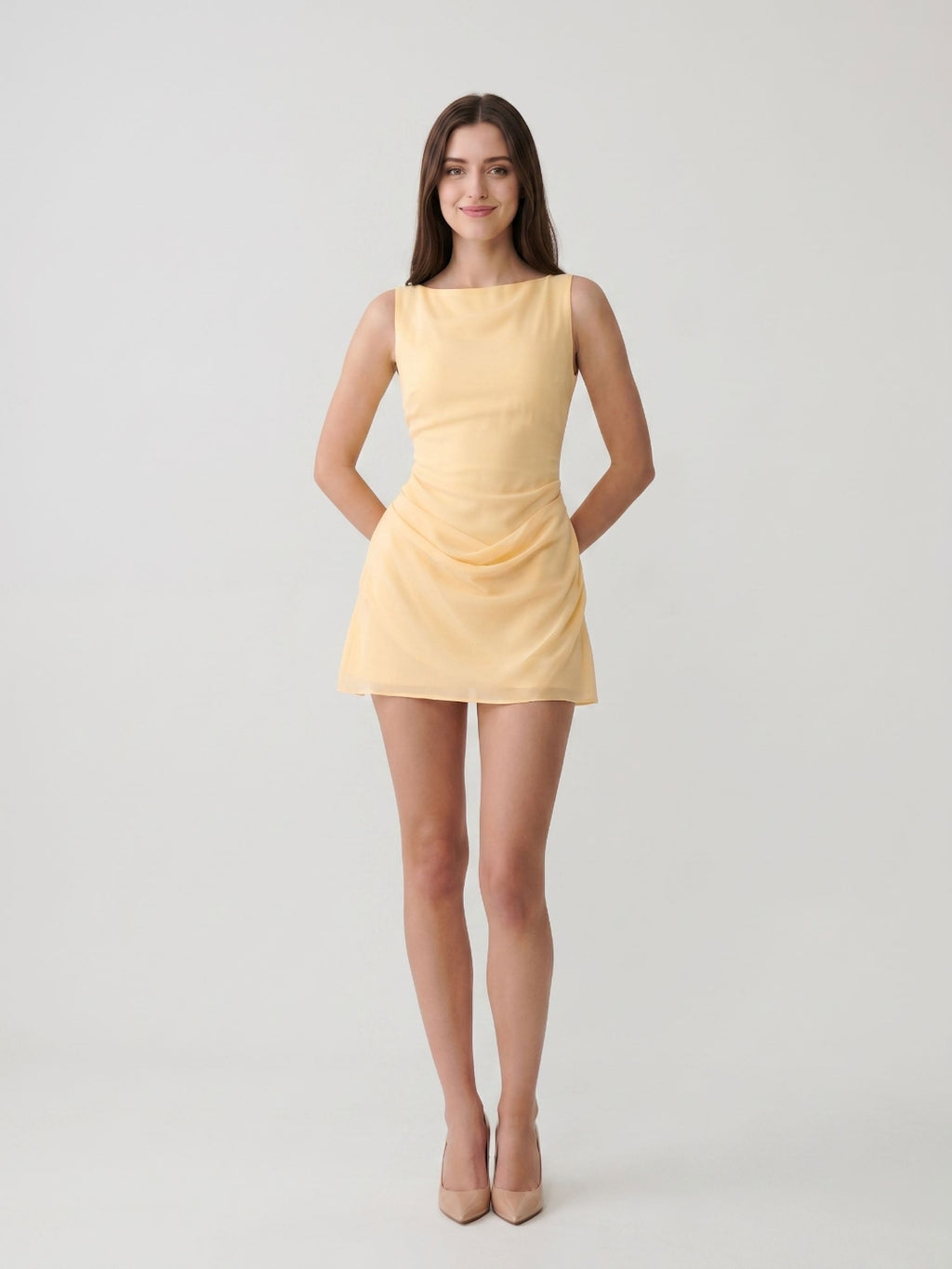 Butter Chiffon Sheath Scoop Neck Side Zip Short Birthday Dress with Pleating
