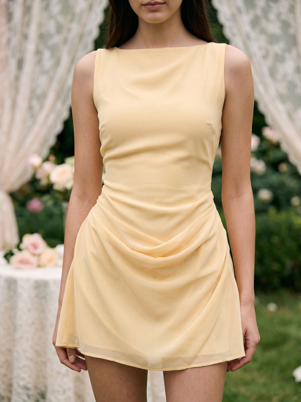 Butter Chiffon Sheath Scoop Neck Side Zip Short Birthday Dress with Pleating