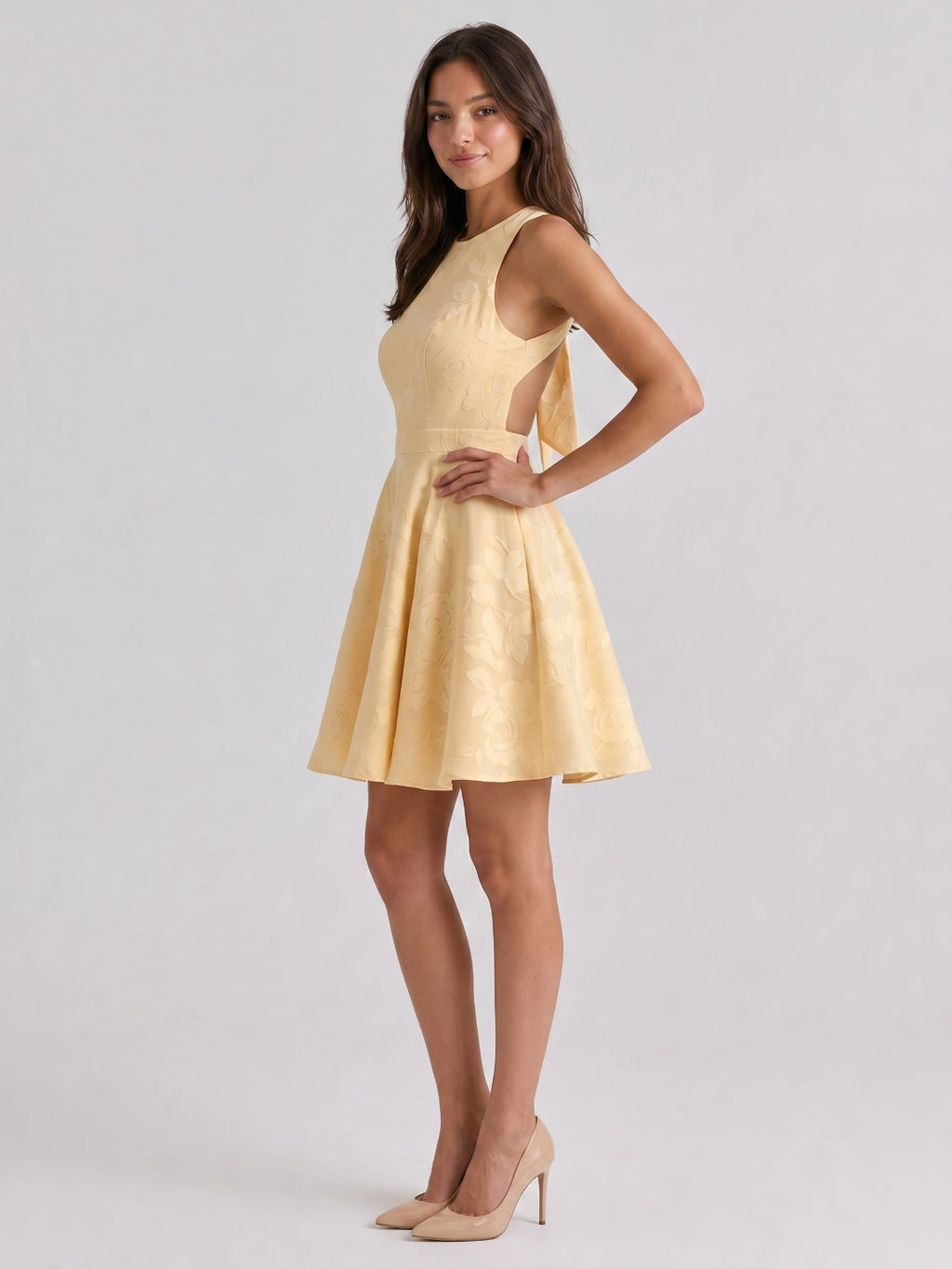 Butter Jacquard A-Line Scoop Neck Backless Short Dress with Bow