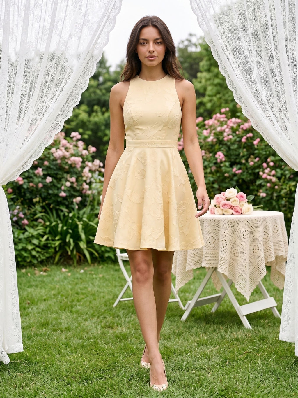 Butter Jacquard A-Line Scoop Neck Backless Short Dress with Bow