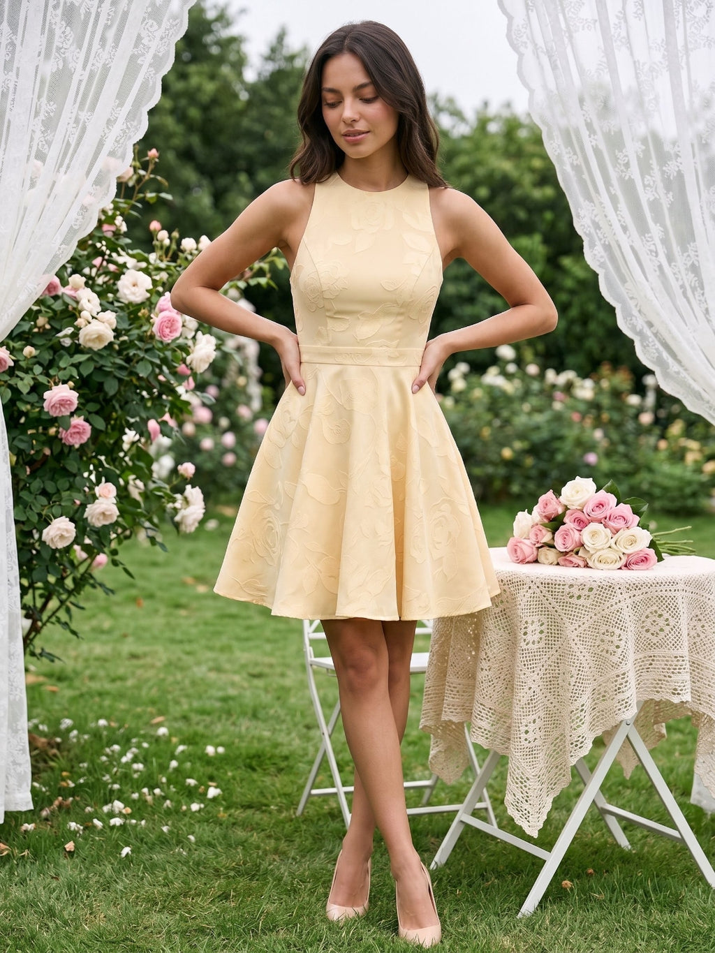 Butter Jacquard A-Line Scoop Neck Backless Short Dress with Bow