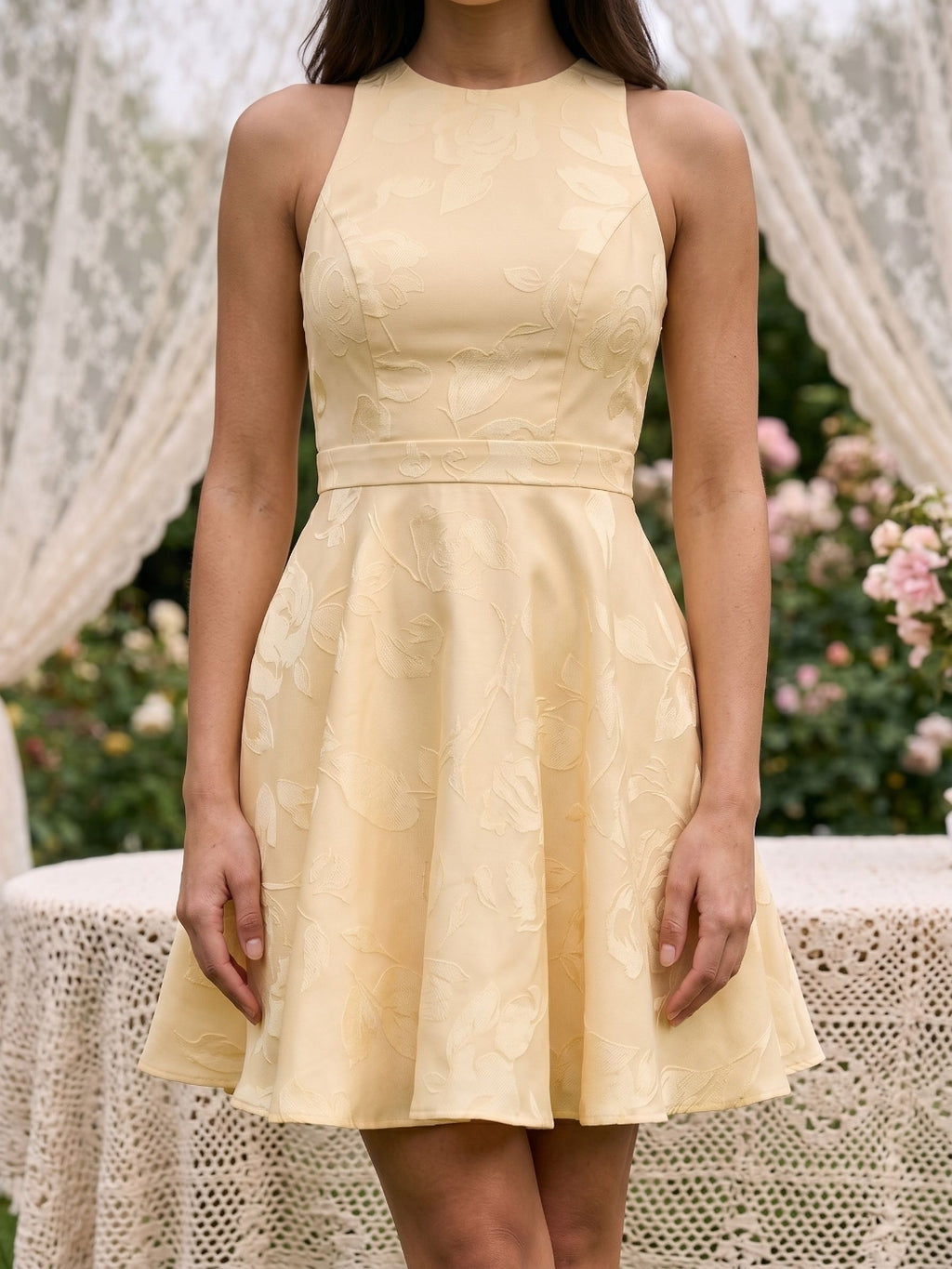 Butter Jacquard A-Line Scoop Neck Backless Short Dress with Bow