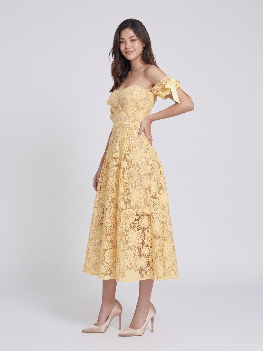 Butter Jacquard Sheath Off-the-Shoulder Tea-Length Prom Dress with Back Zip