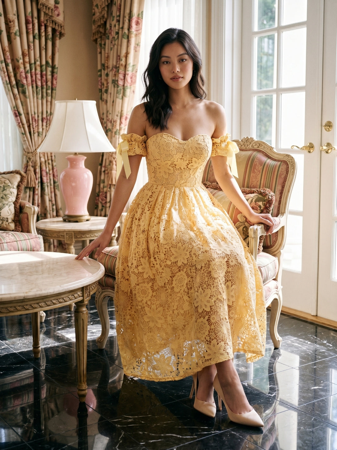 Butter Jacquard Sheath Off-the-Shoulder Tea-Length Prom Dress with Back Zip