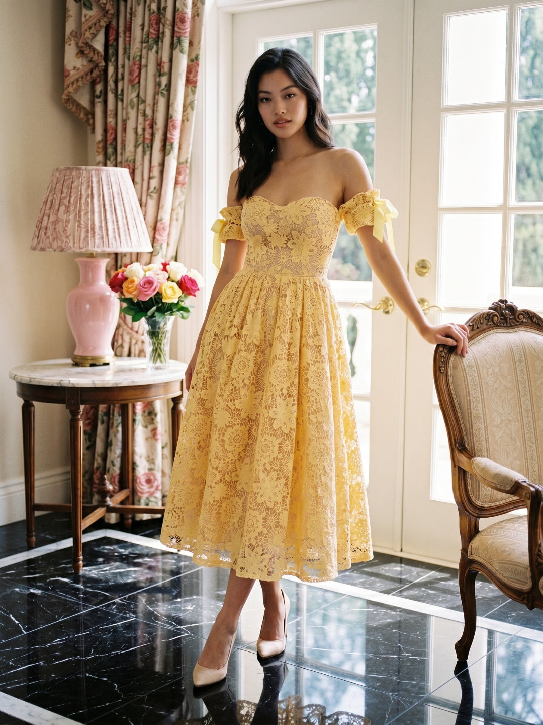 Butter Jacquard Sheath Off-the-Shoulder Tea-Length Prom Dress with Back Zip