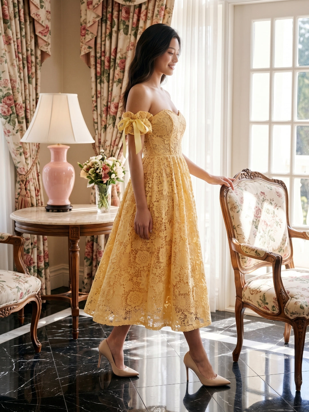 Butter Jacquard Sheath Off-the-Shoulder Tea-Length Prom Dress with Back Zip