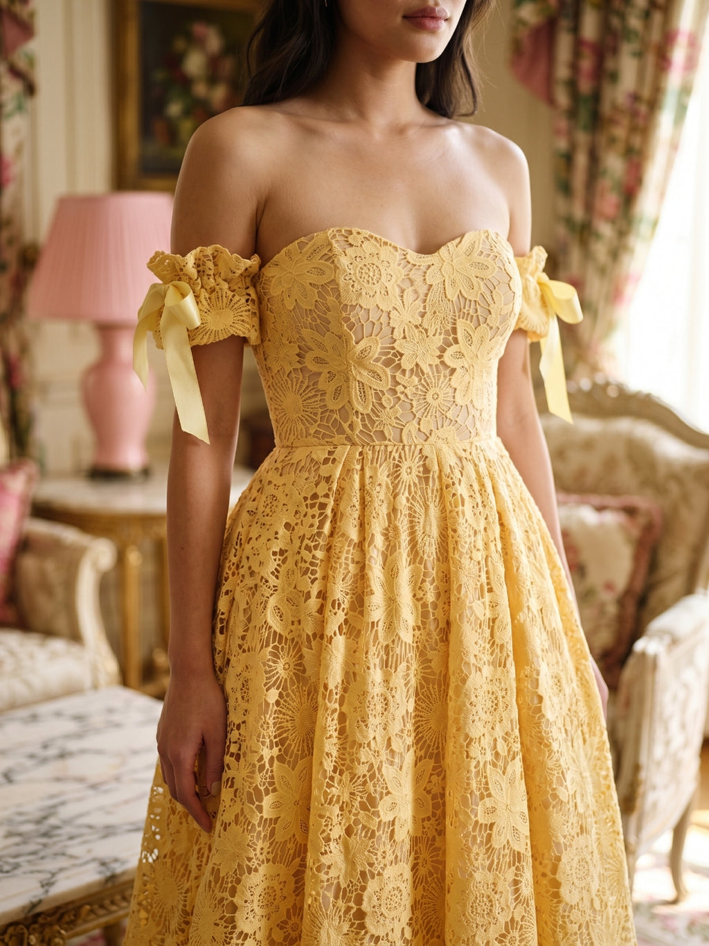 Butter Jacquard Sheath Off-the-Shoulder Tea-Length Prom Dress with Back Zip
