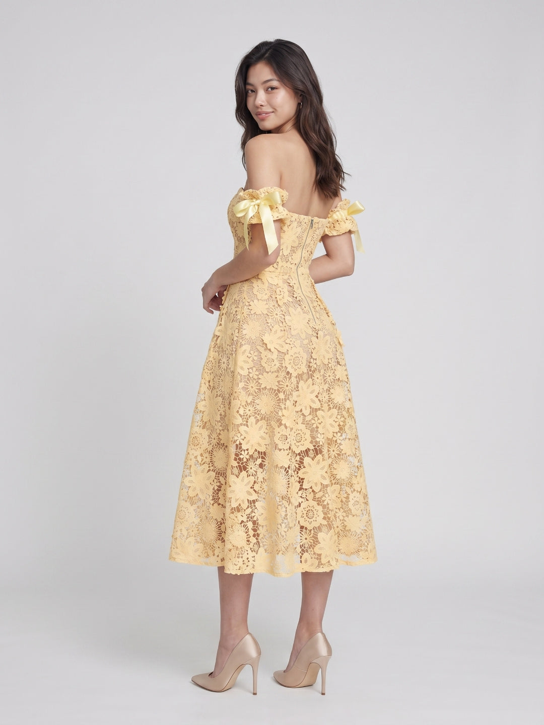 Butter Jacquard Sheath Off-the-Shoulder Tea-Length Prom Dress with Back Zip