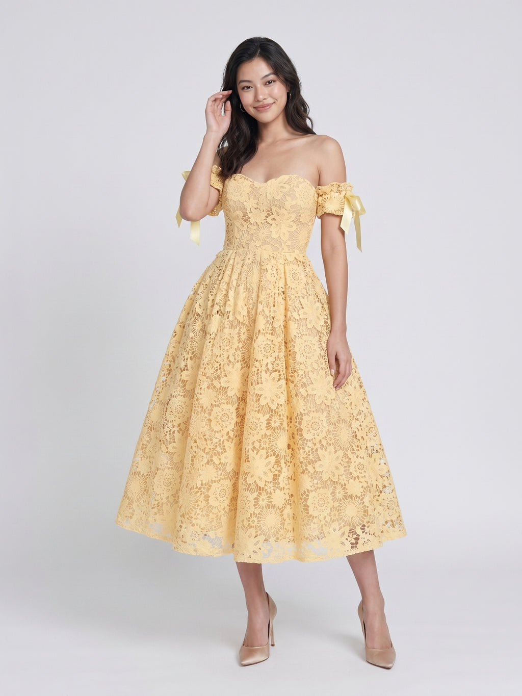 Butter Jacquard Sheath Off-the-Shoulder Tea-Length Prom Dress with Back Zip