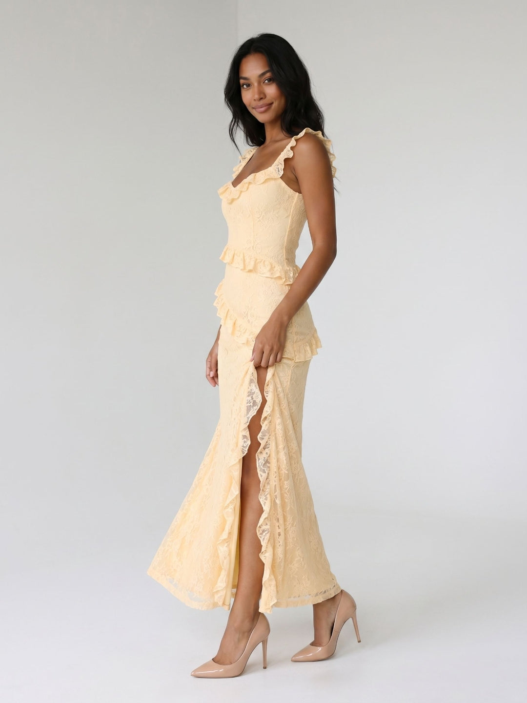 Butter Lace Sheath Square Neck Floor-Length Evening Dress