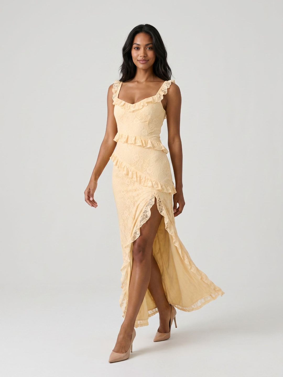 Butter Lace Sheath Square Neck Floor-Length Evening Dress