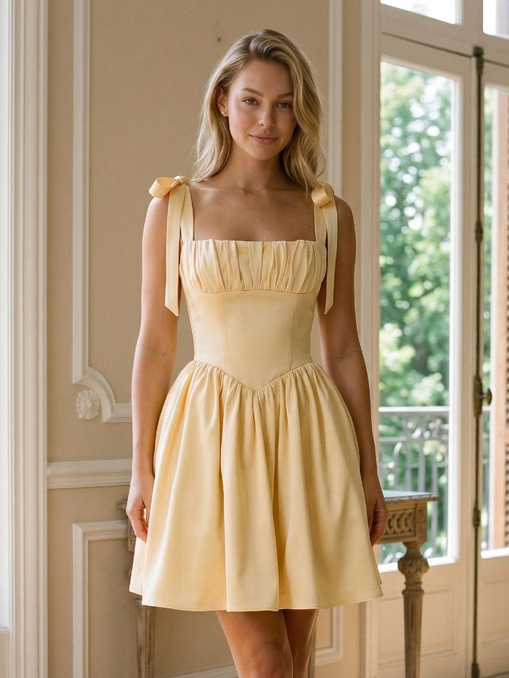Butter Matte Satin A-Line Square Neck Backless Short Homecoming Dress with Pleating