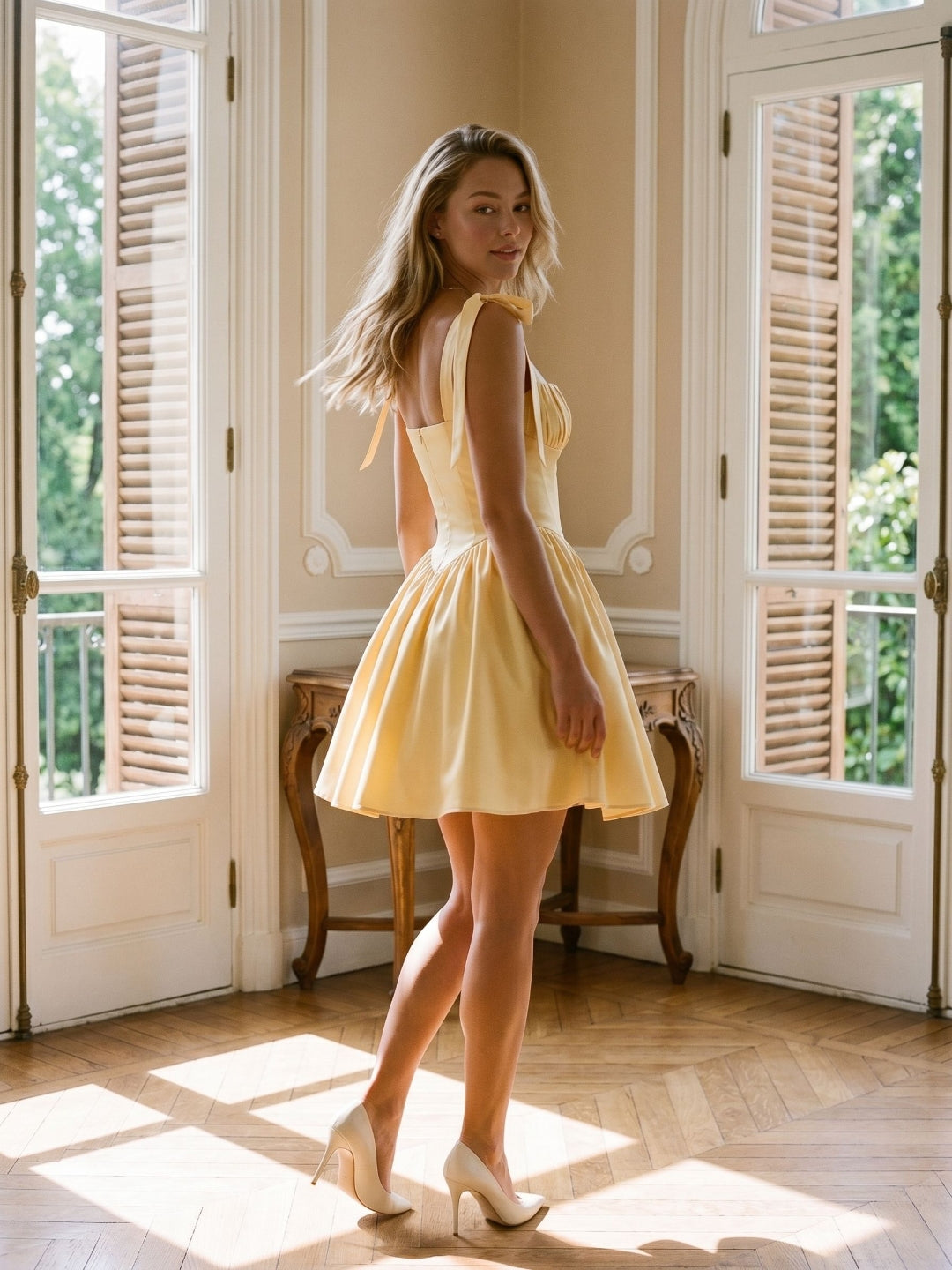 Butter Matte Satin A-Line Square Neck Backless Short Homecoming Dress with Pleating