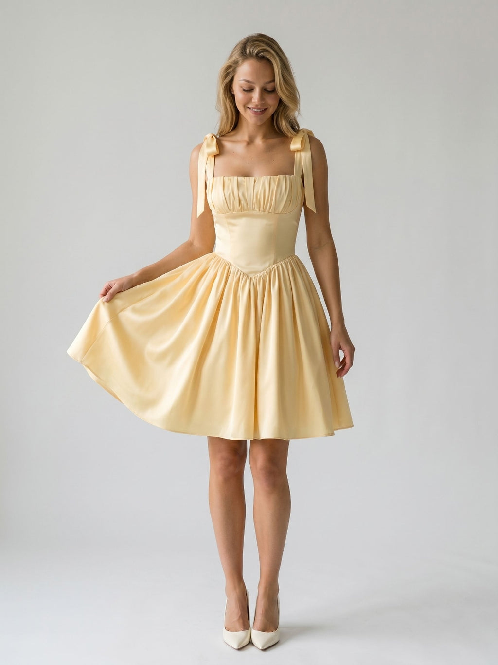 Butter Matte Satin A-Line Square Neck Backless Short Homecoming Dress with Pleating