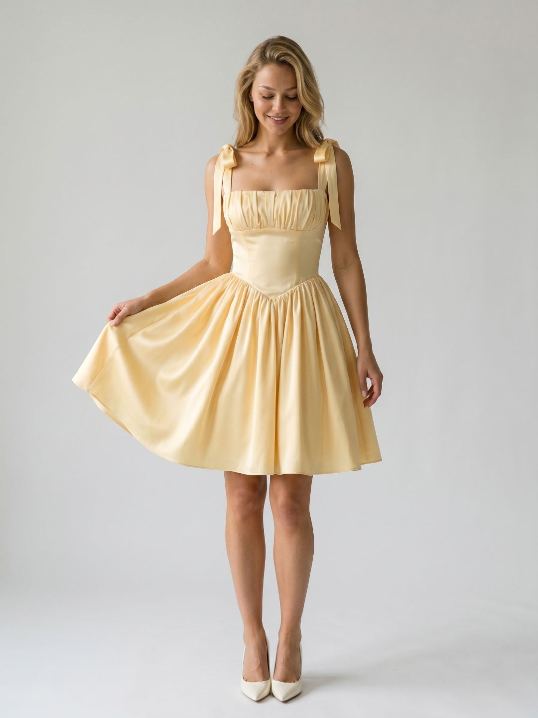 Butter Matte Satin A-Line Square Neck Backless Short Homecoming Dress with Pleating