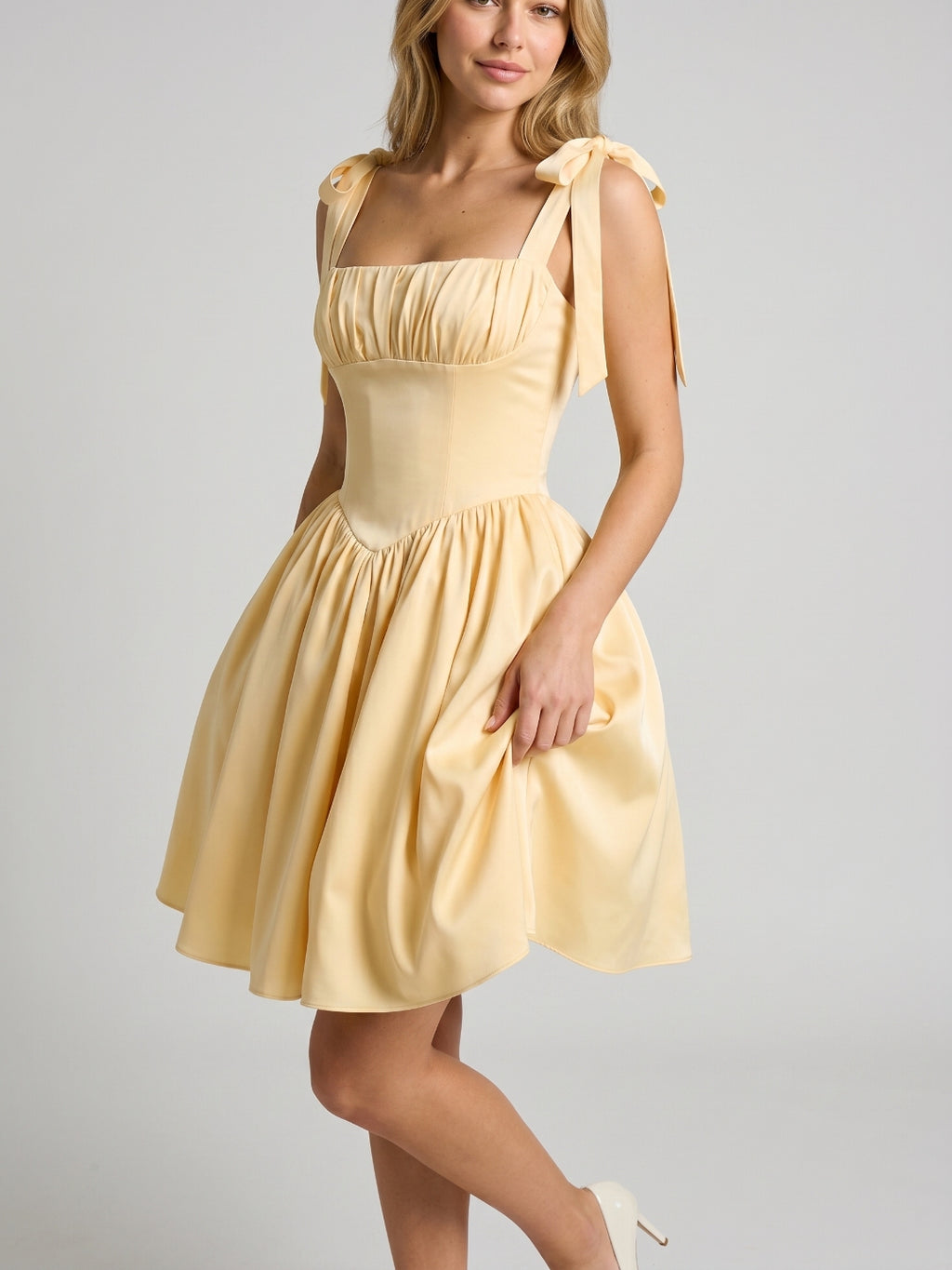 Butter Matte Satin A-Line Square Neck Backless Short Homecoming Dress with Pleating