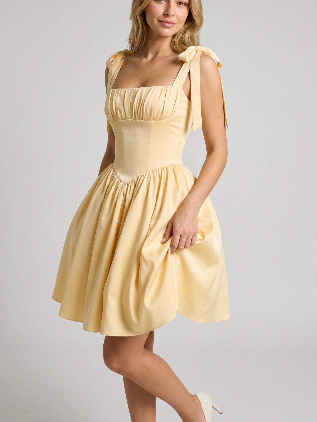 Butter Matte Satin A-Line Square Neck Backless Short Homecoming Dress with Pleating