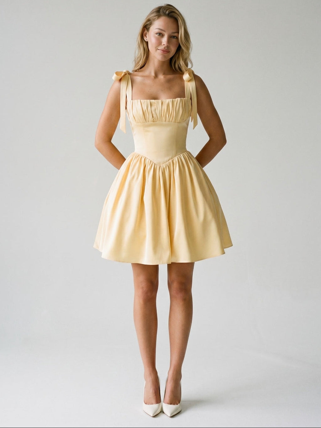 Butter Matte Satin A-Line Square Neck Backless Short Homecoming Dress with Pleating