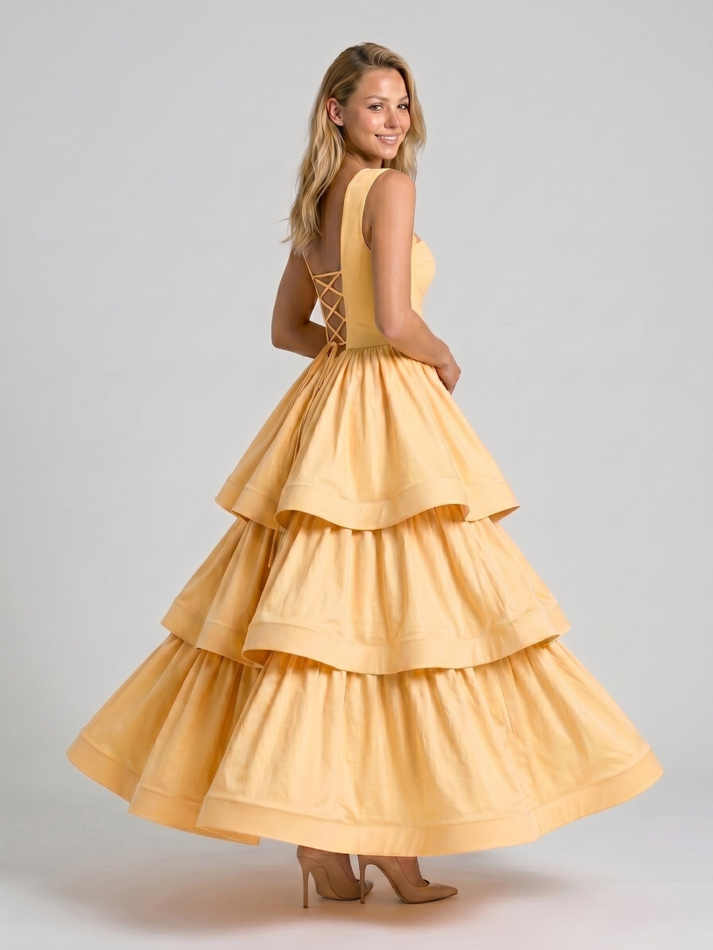 Butter Matte Satin A-Line Square Neck Floor-Length Prom Dress