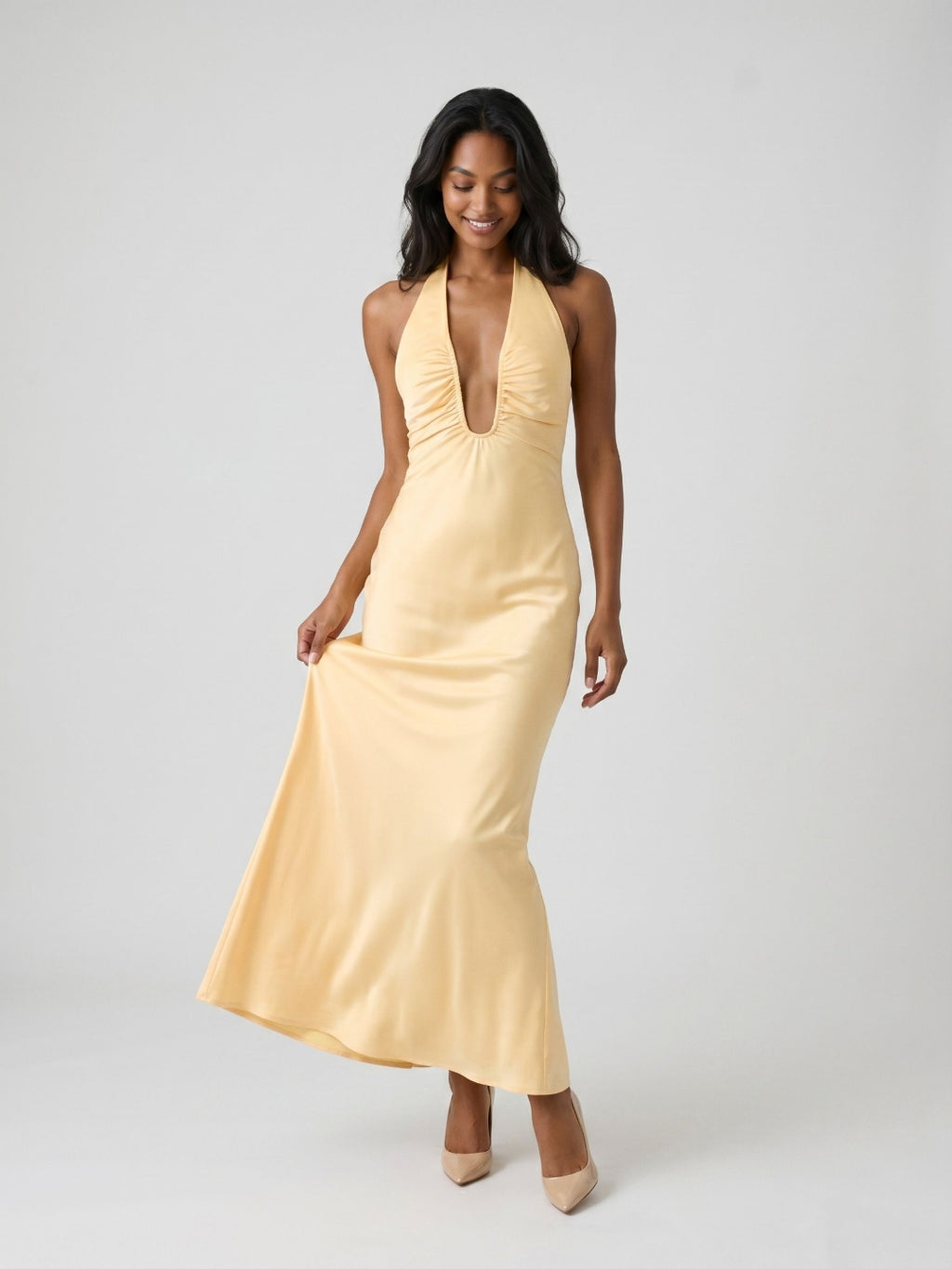 Butter Matte Satin Sheath V-Neck Backless Floor-Length Evening Dress