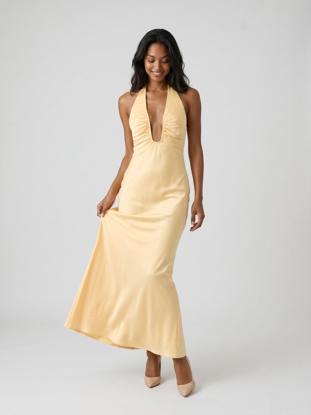 Butter Matte Satin Sheath V-Neck Backless Floor-Length Evening Dress