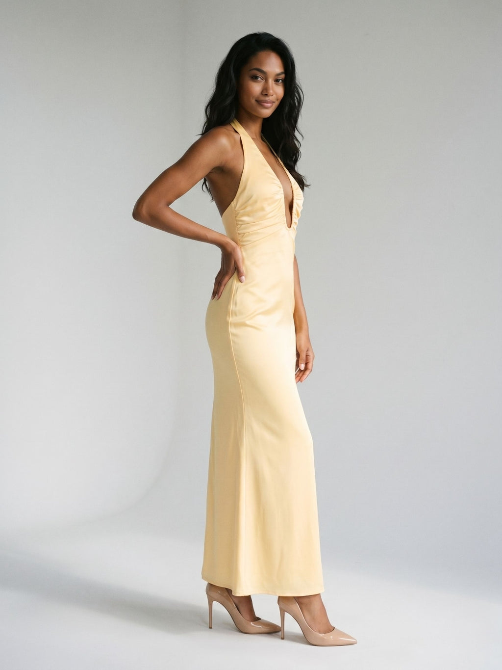 Butter Matte Satin Sheath V-Neck Backless Floor-Length Evening Dress
