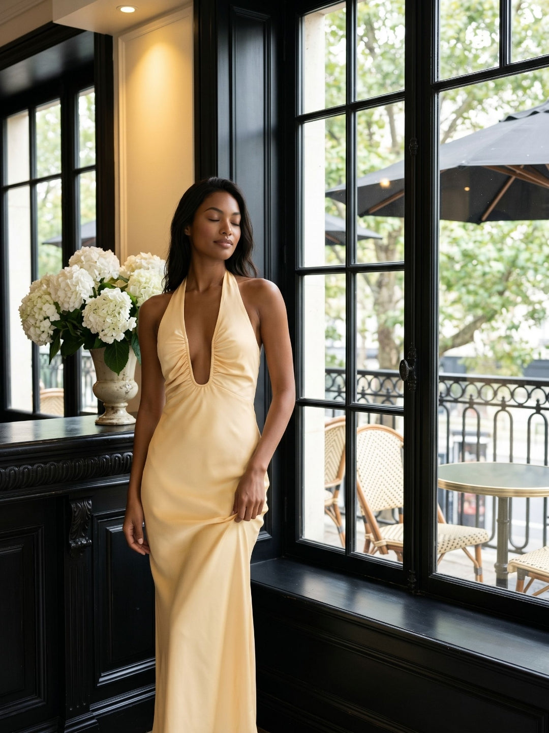 Butter Matte Satin Sheath V-Neck Backless Floor-Length Evening Dress