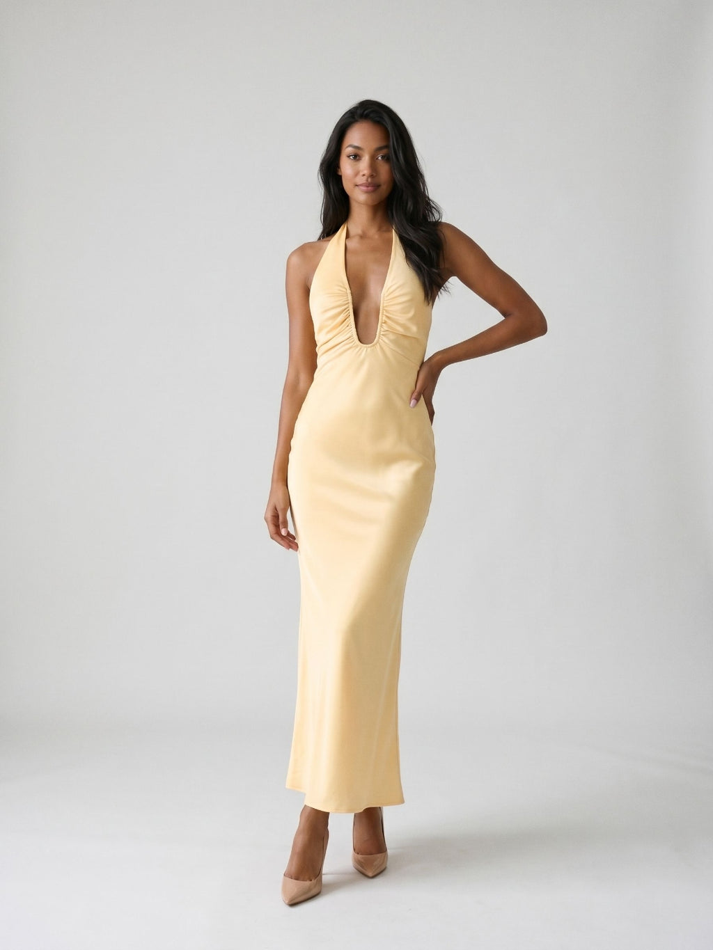 Butter Matte Satin Sheath V-Neck Backless Floor-Length Evening Dress