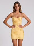 Butter Mesh Sheath Sweetheart Criss-Cross Straps Short Dress with 3D Flowers