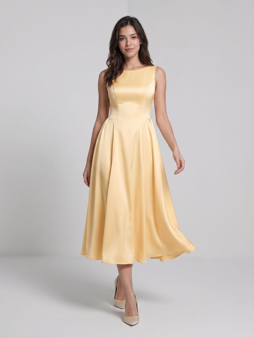 Butter Satin A-Line Scoop Neck Back Zip Tea-Length Dress