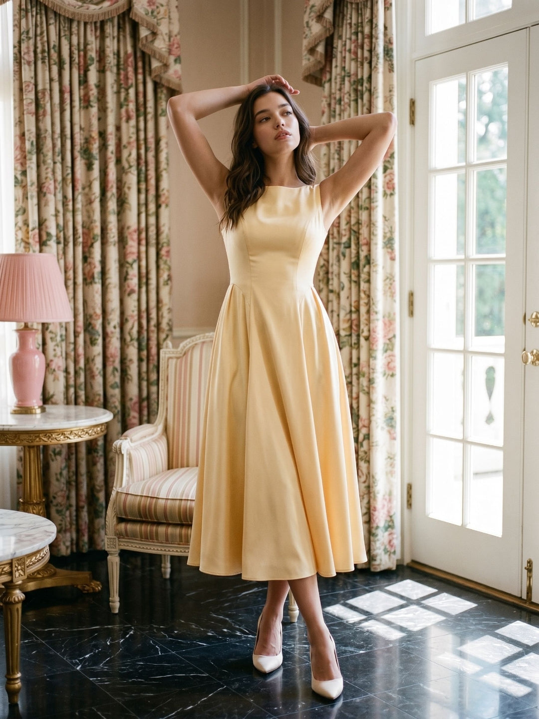 Butter Satin A-Line Scoop Neck Back Zip Tea-Length Dress