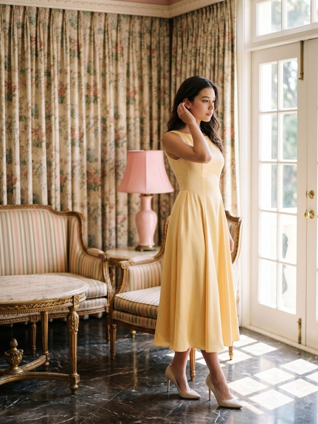 Butter Satin A-Line Scoop Neck Back Zip Tea-Length Dress