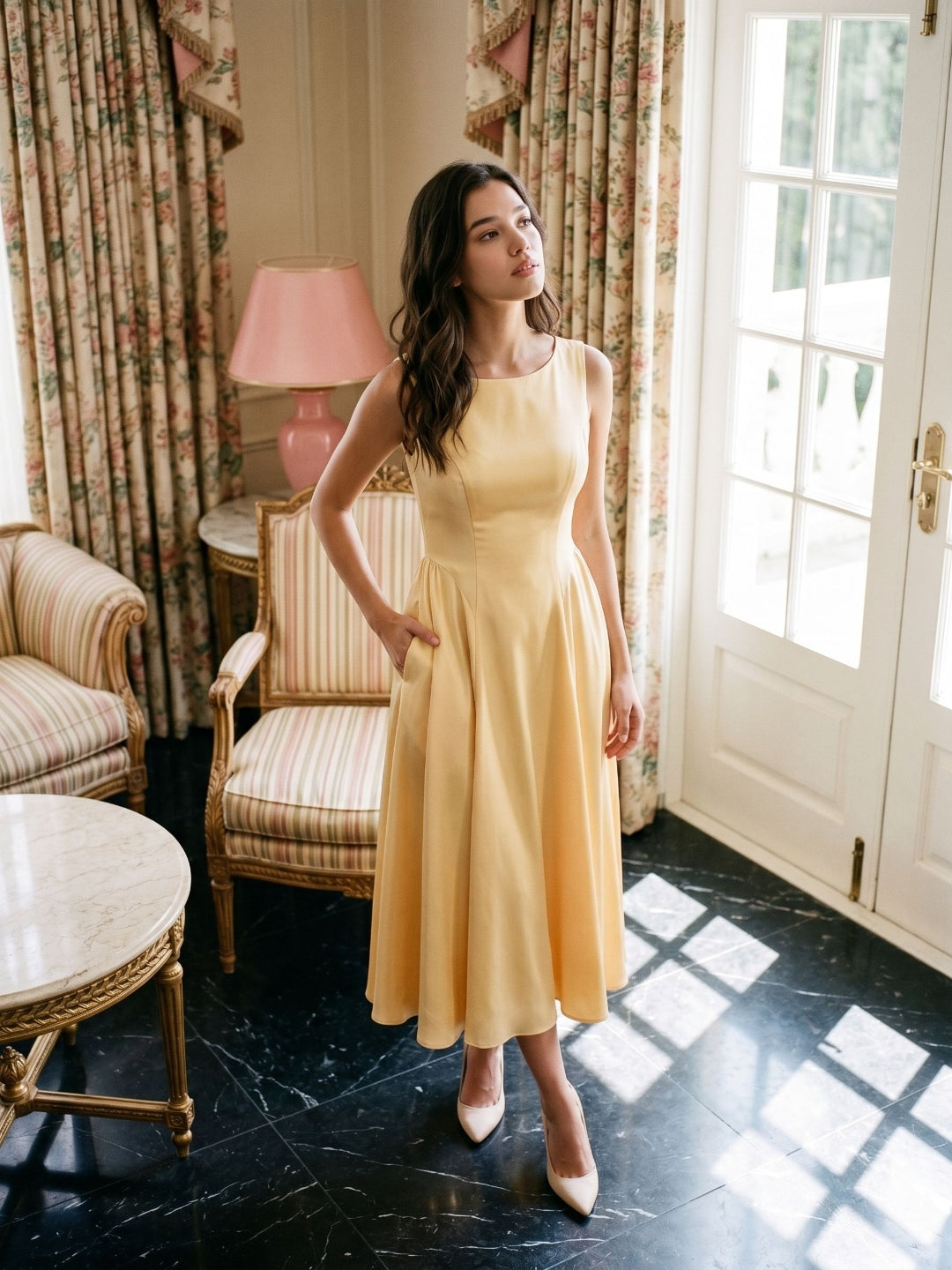 Butter Satin A-Line Scoop Neck Back Zip Tea-Length Dress